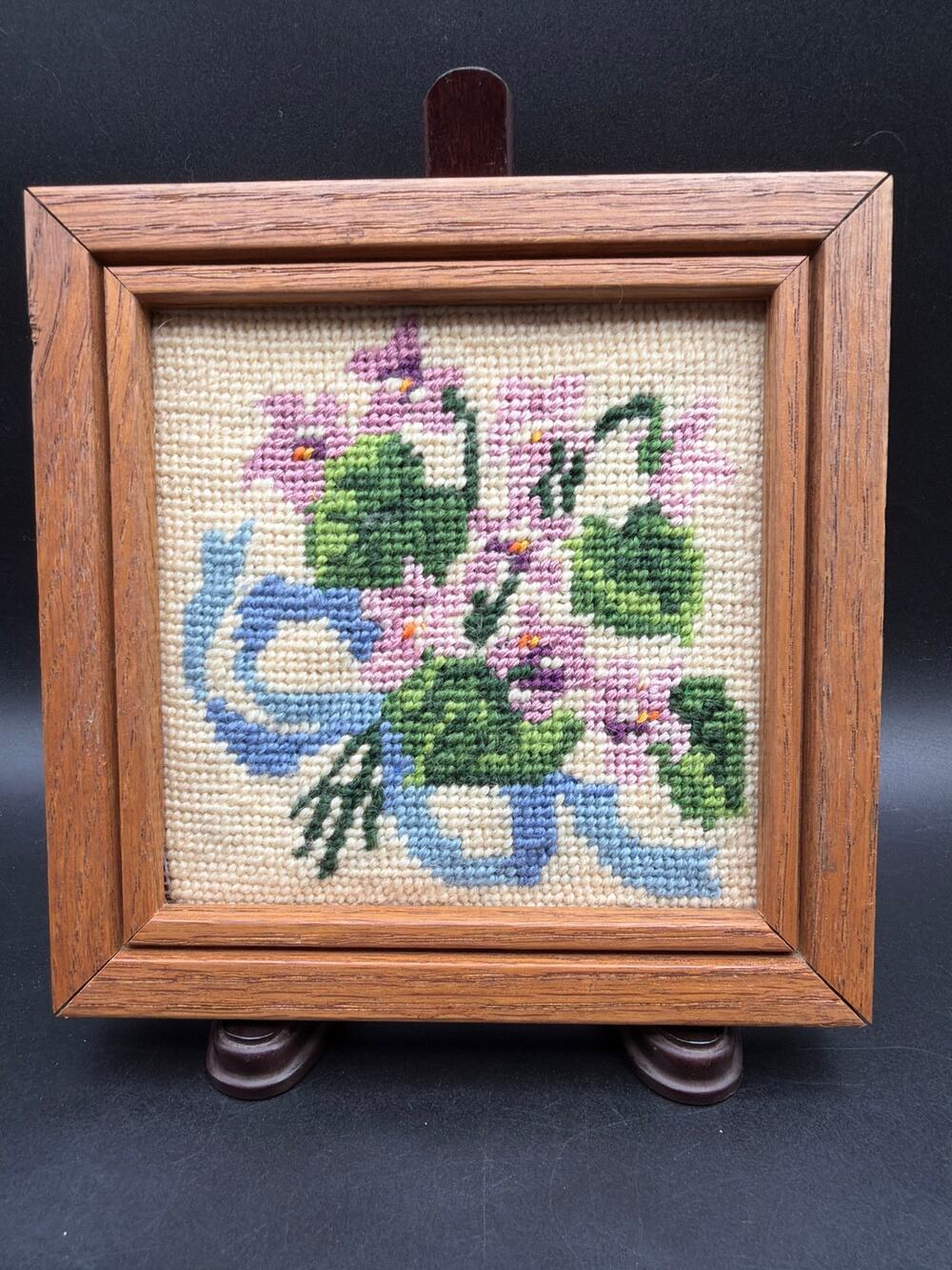 Vintage Framed Floral Needlepoint 6.25” Square Pink Purple Flowers Cottagecore
